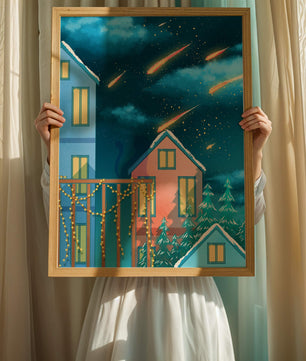 Winter Night Scene with Falling Meteors and Snow-Covered Houses