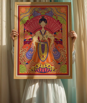 Ilustración oriental colorida con motivos de peces koi y loto