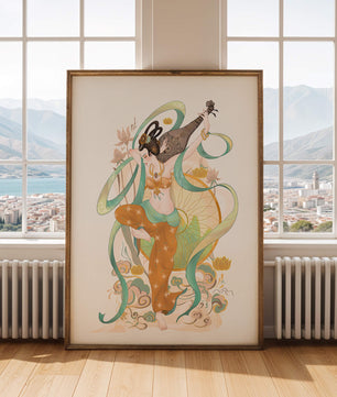 Elegant depiction of an Asian-inspired musician with floral and ribbon motifs