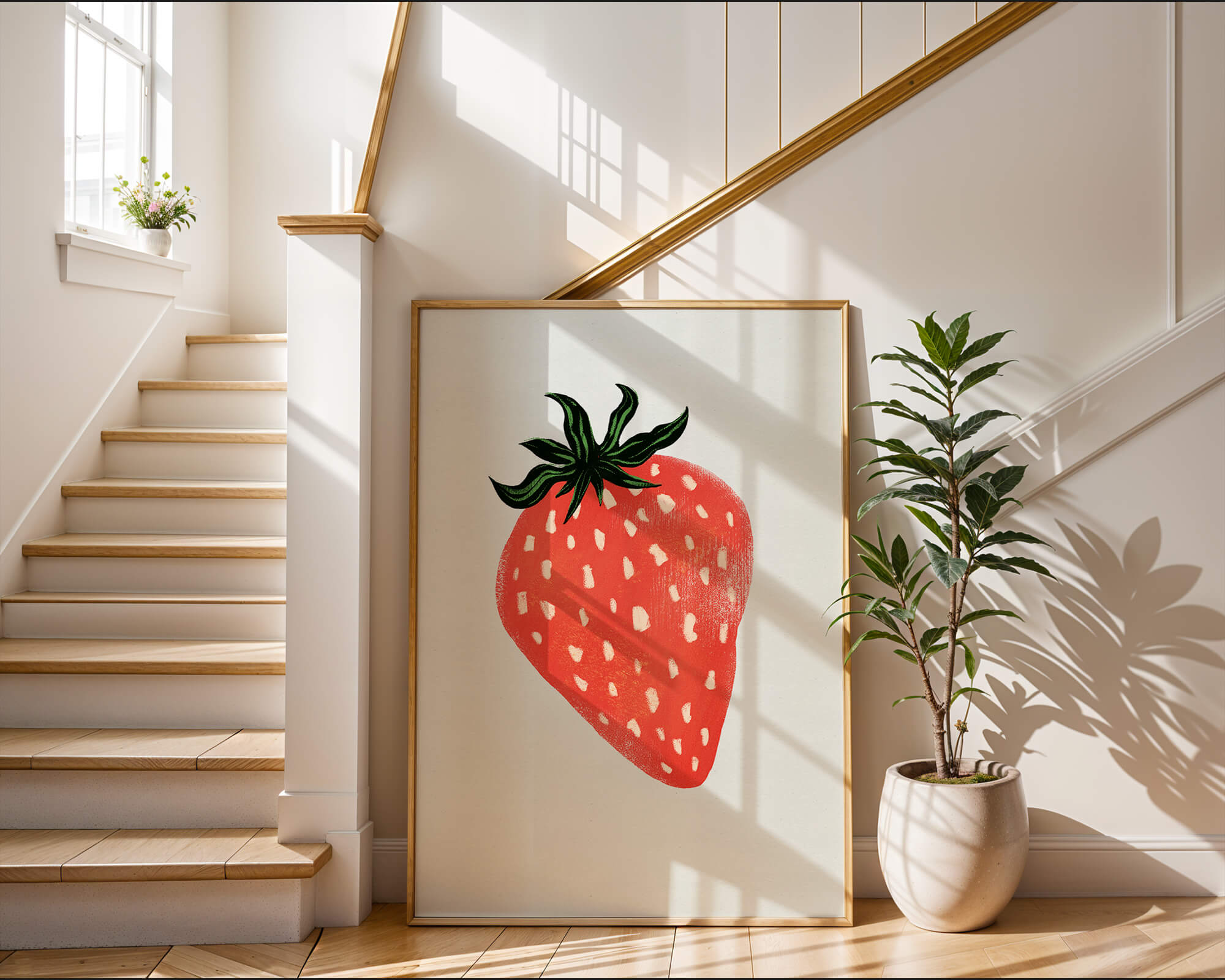 Illustrative design of a vibrant red strawberry with green leaves