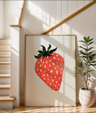 Illustrative design of a vibrant red strawberry with green leaves