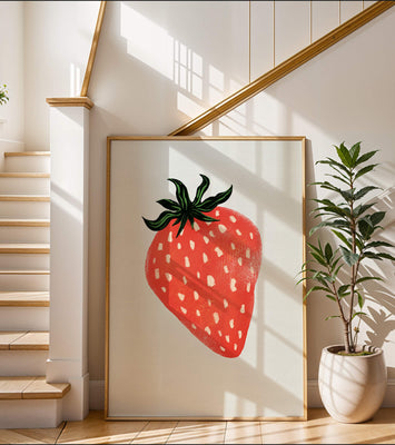 Illustrative design of a vibrant red strawberry with green leaves