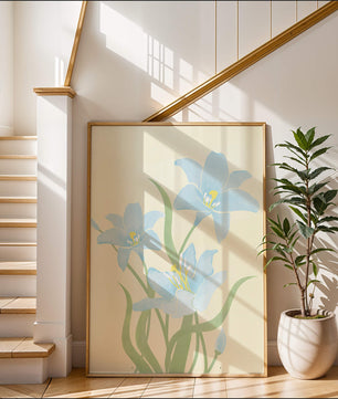 Ilustración elegante de flores azul claro con tallos verdes