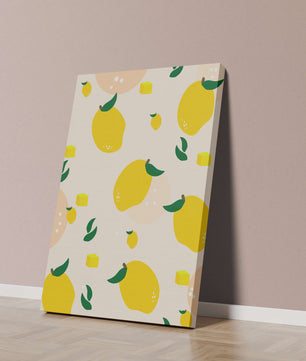 Playful lemon pattern with green leaves and abstract shapes