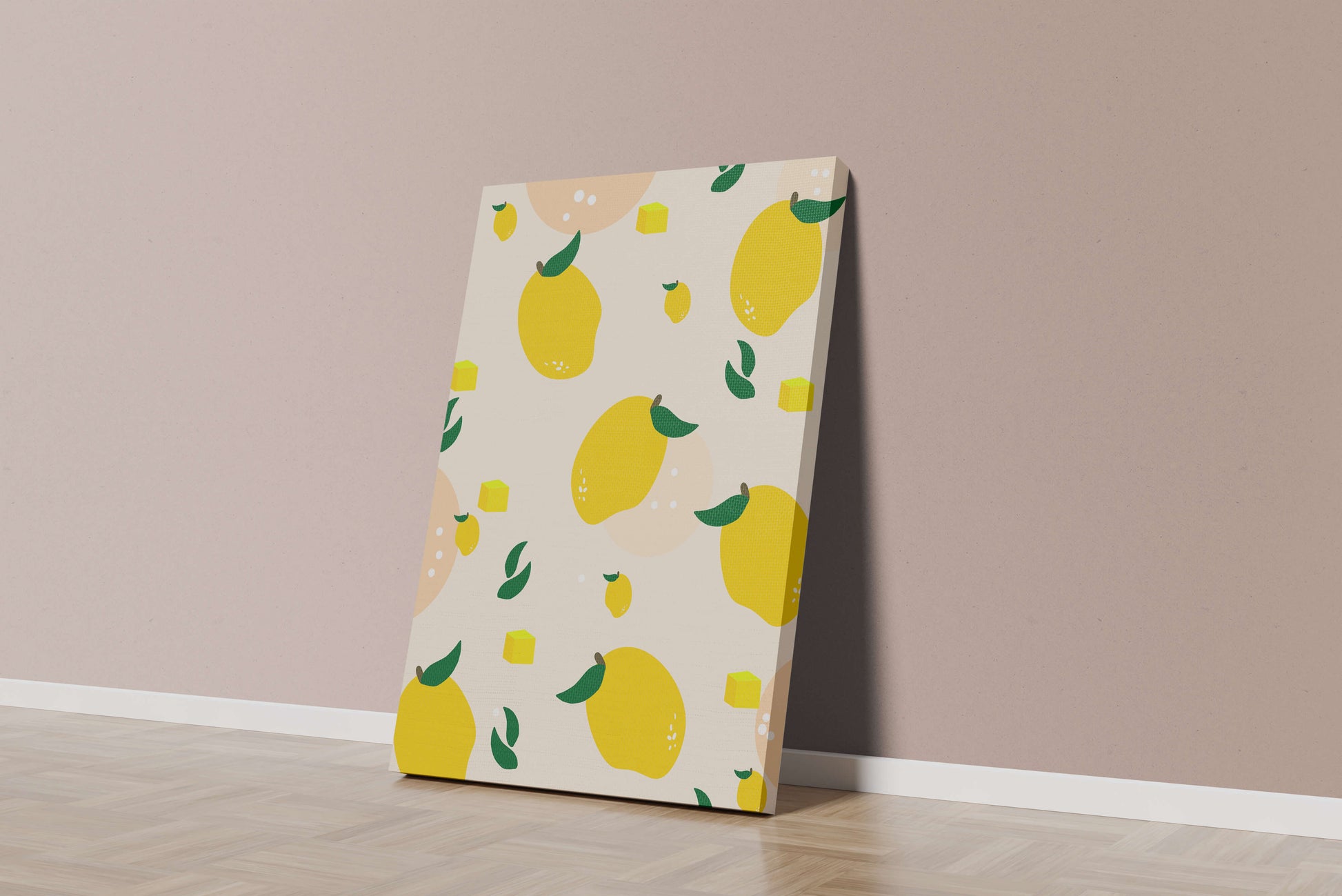 Playful lemon pattern with green leaves and abstract shapes