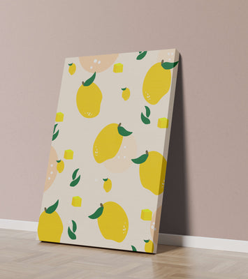 Playful lemon pattern with green leaves and abstract shapes