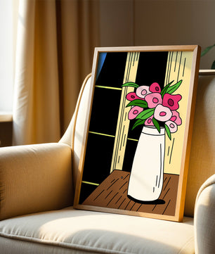 Abstract illustration of flowers in a vase on a wooden table