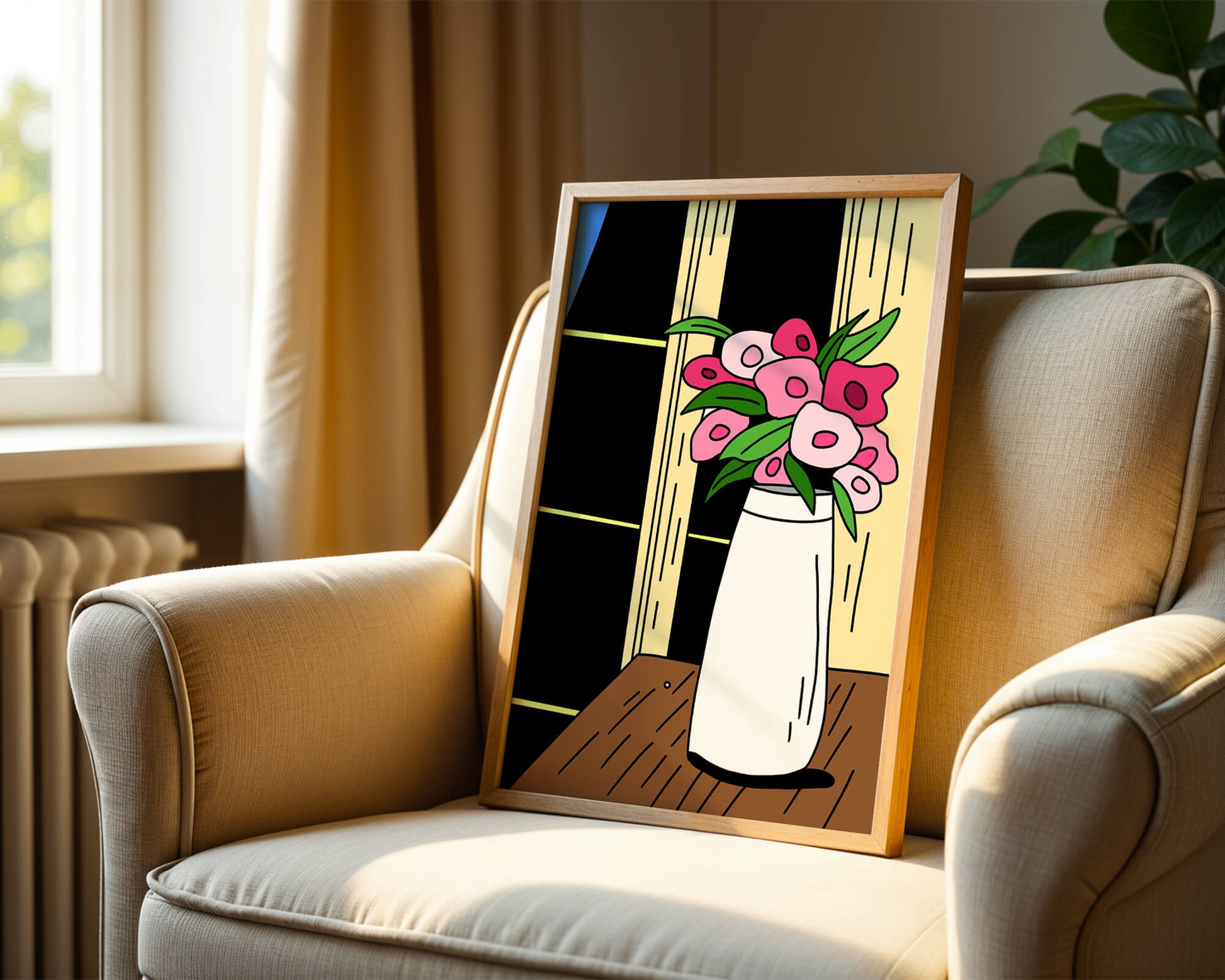 Abstract illustration of flowers in a vase on a wooden table
