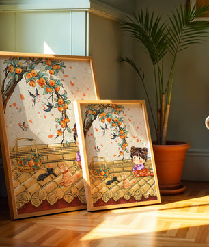 Charming illustration of a child with cats on a rooftop beneath a fruit tree