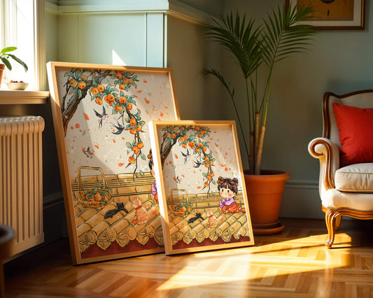 Charming illustration of a child with cats on a rooftop beneath a fruit tree
