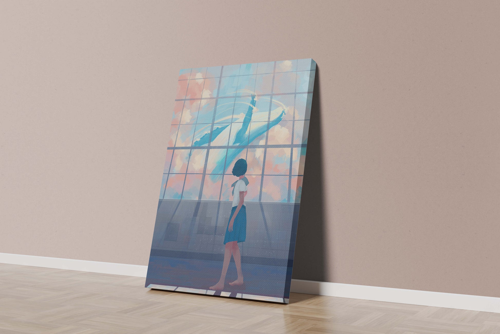 Young girl looking at a giant whale through a large window