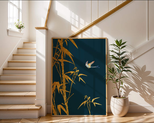 Golden bamboo and bird against a deep blue background