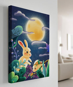 Charming illustration of rabbits under a full moon in a vibrant night garden