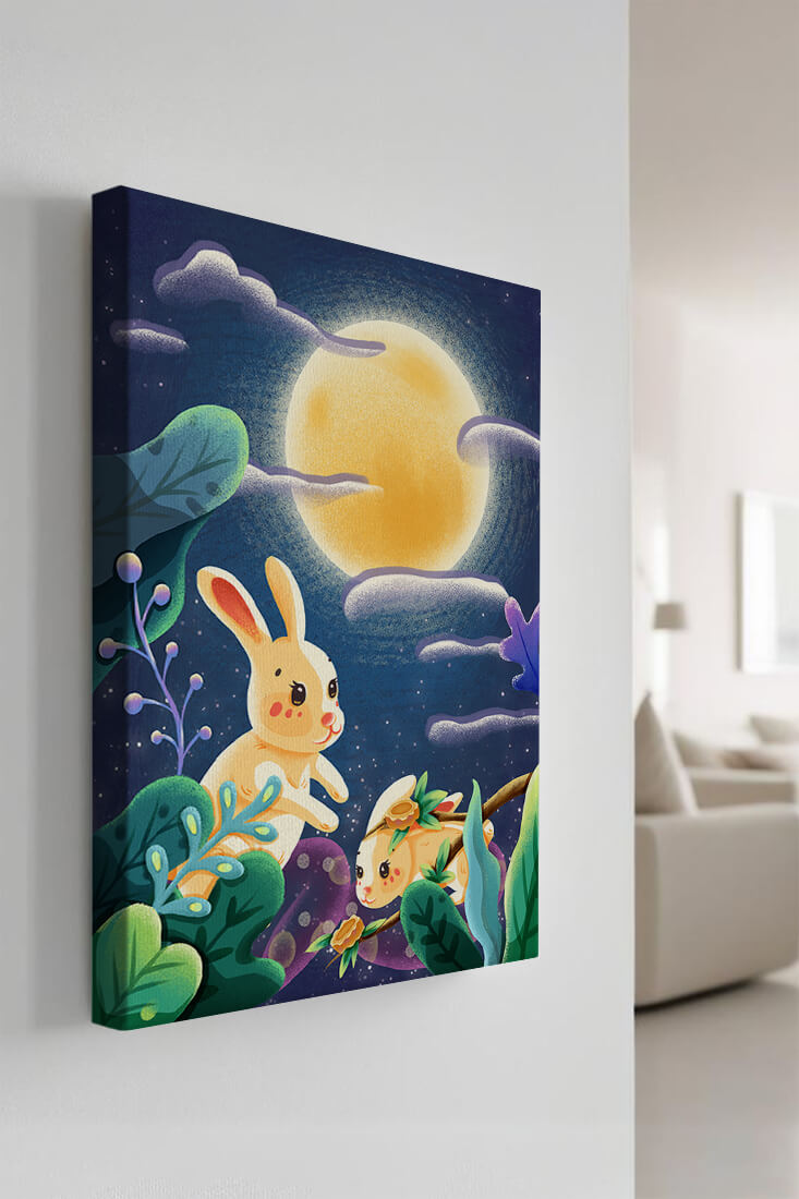 Charming illustration of rabbits under a full moon in a vibrant night garden