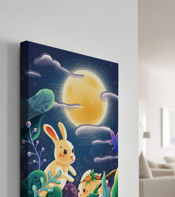 Charming illustration of rabbits under a full moon in a vibrant night garden