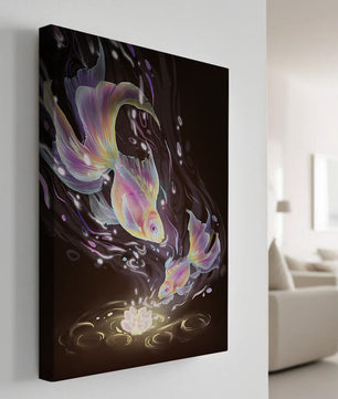 Colorful Koi Fish in a Dreamlike Underwater Scene with Illuminated Elements