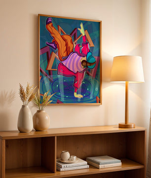 Colorful breakdancer in dynamic urban artwork