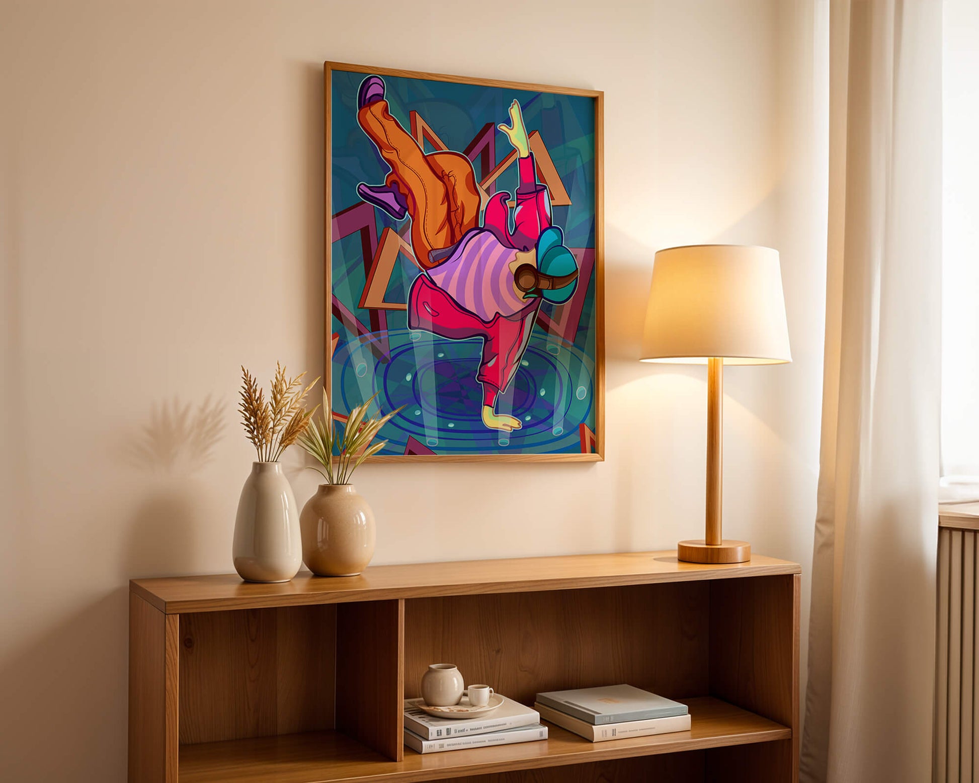 Colorful breakdancer in dynamic urban artwork