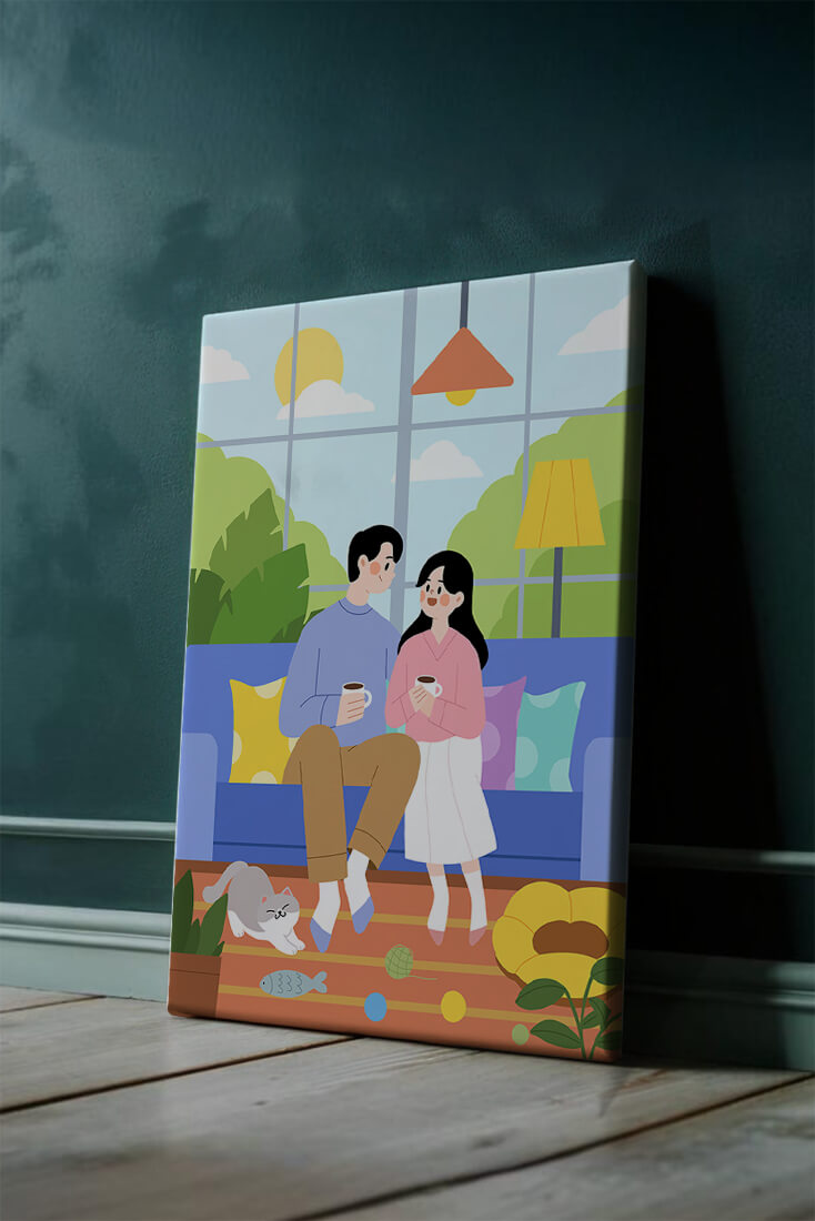 Cozy living room scene with couple and playful cat