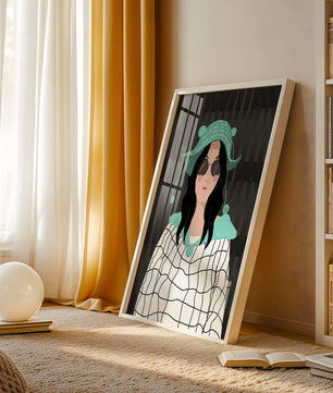 Illustration of a woman in a colorful hat and sunglasses