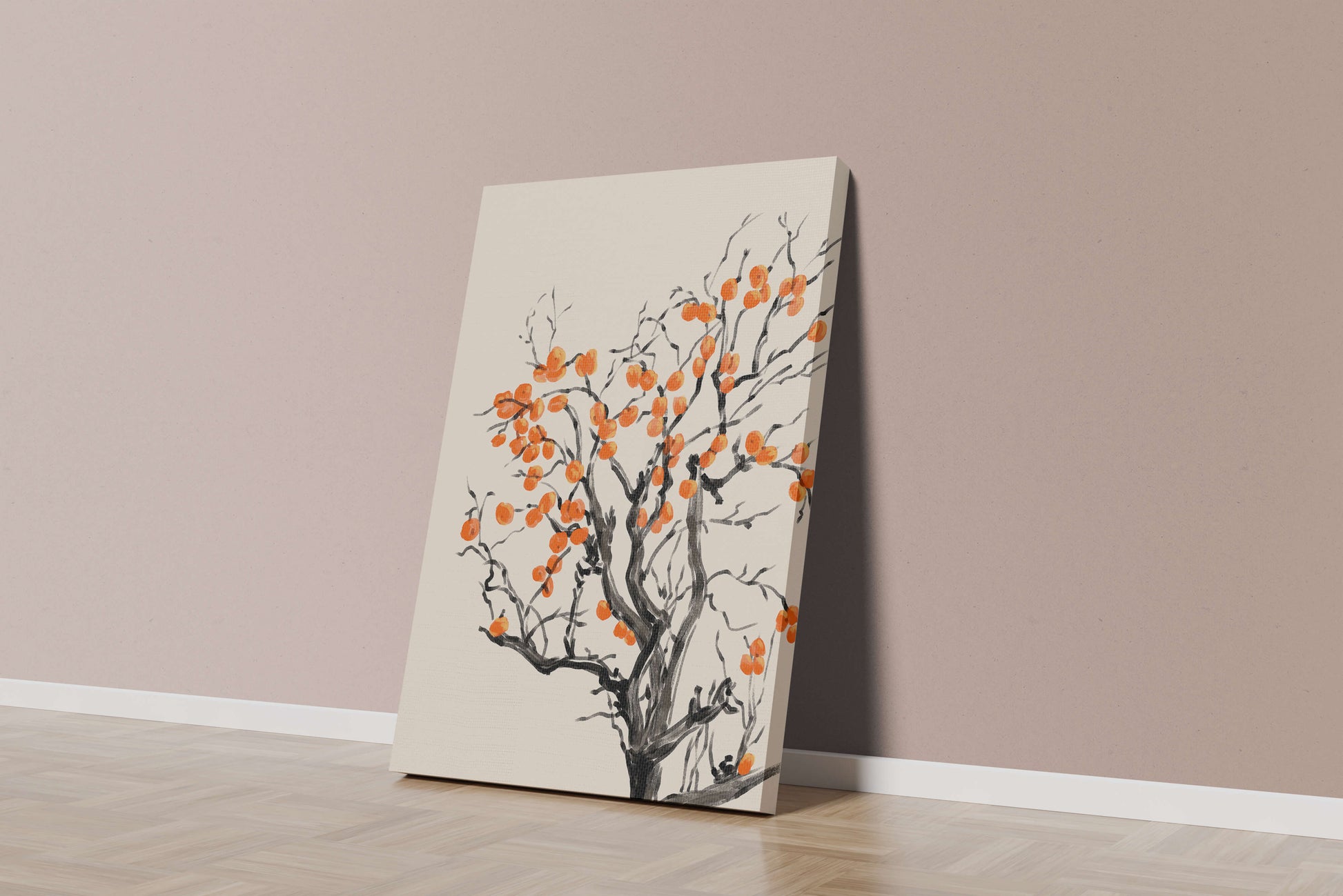 Elegant watercolor tree with vibrant orange fruit