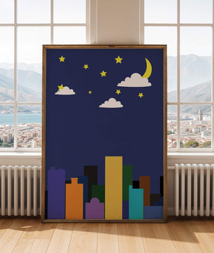 Night cityscape with colorful buildings and starry sky