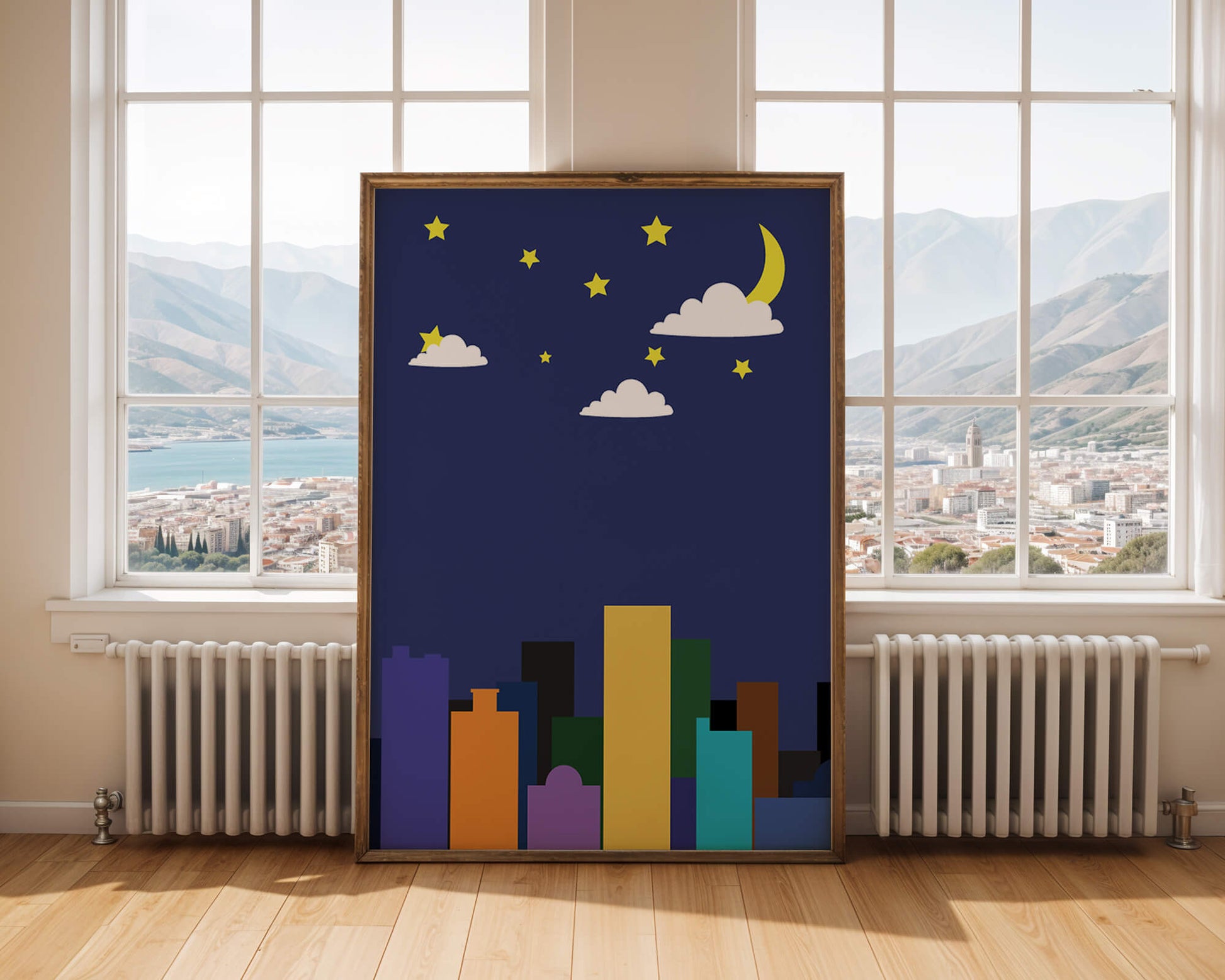 Night cityscape with colorful buildings and starry sky