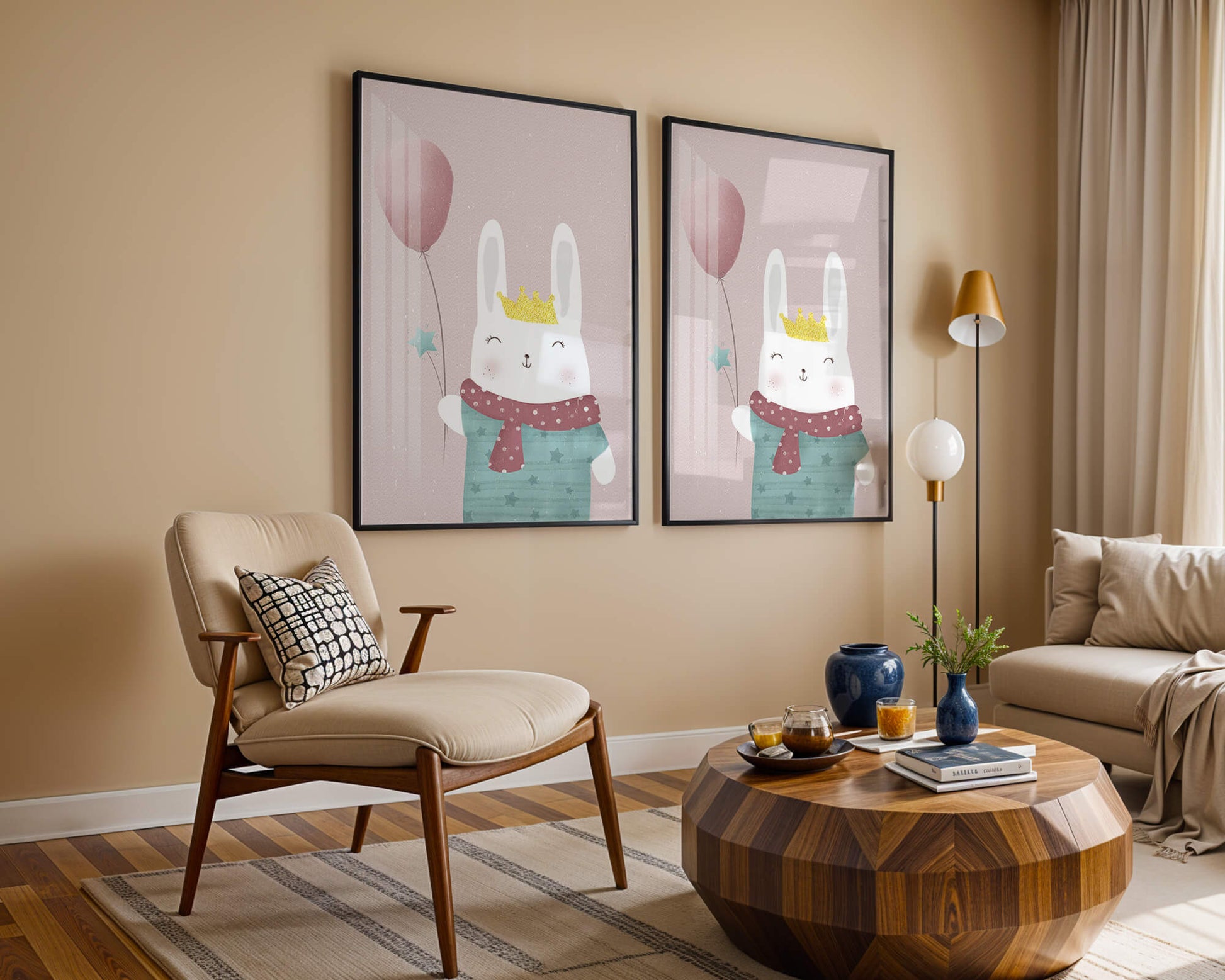 Adorable ilustración de conejito con globo rosa y corona dorada.
