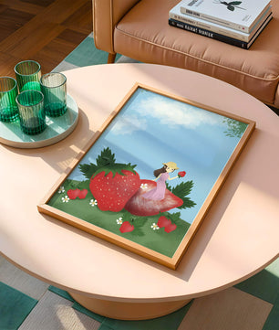 Ilustración encantadora de una niña en un campo de fresas