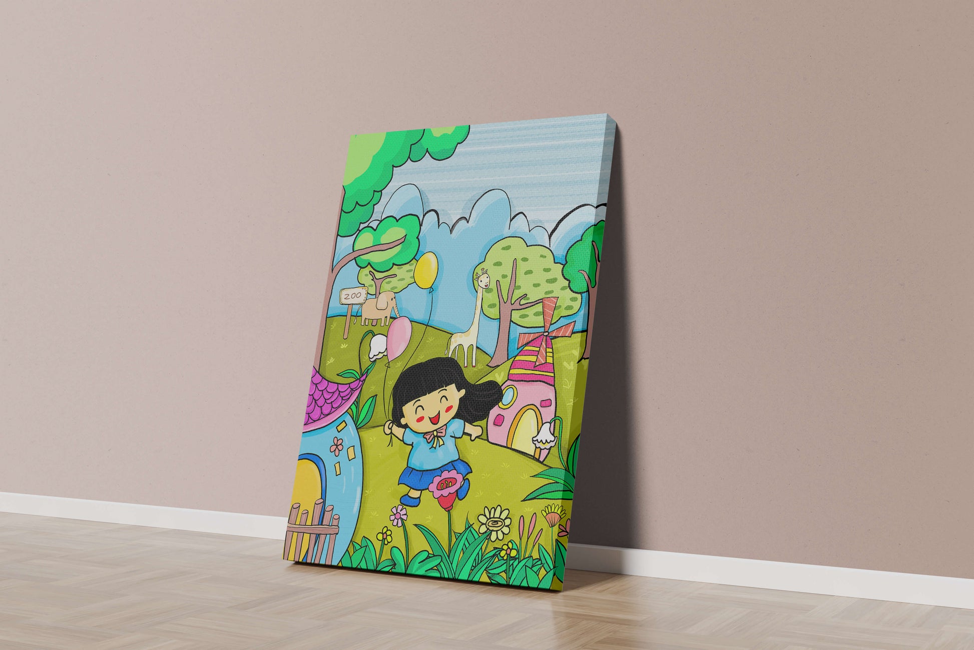 Colorful children's illustration of a joyful zoo visit with animals