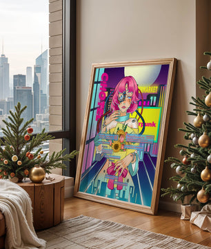 Mujer ciberpunk futurista con un ramo de flores en un paisaje urbano de neón