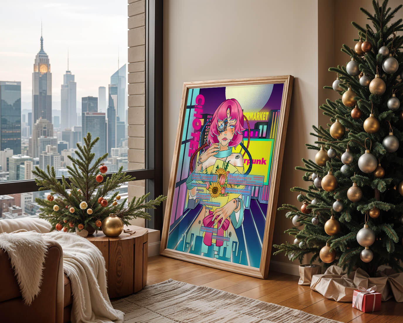 Futuristic cyberpunk woman with a bouquet of flowers in a neon cityscape