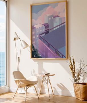 Urban Pastel Scene with Buildings and Pink Clouds
