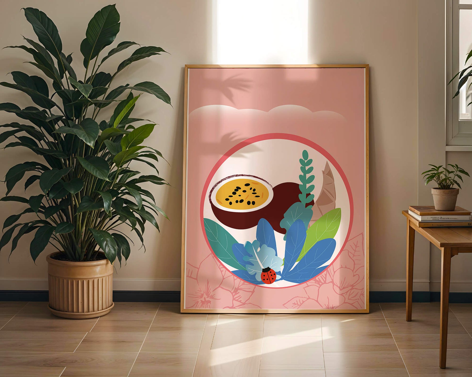 Ilustración de frutas tropicales y hojas con una mariquita sobre un fondo rosa