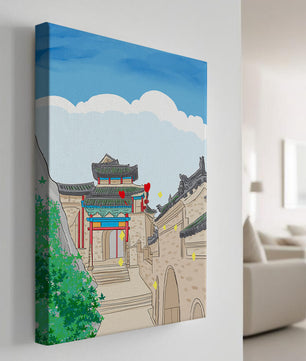 Arquitectura china tradicional con toques vibrantes y fondo escénico