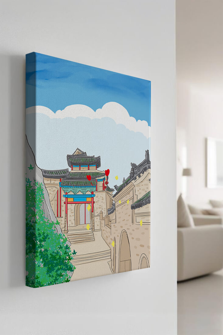 Arquitectura china tradicional con toques vibrantes y fondo escénico