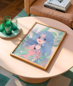 Illustration of a blue-haired girl surrounded by greenery