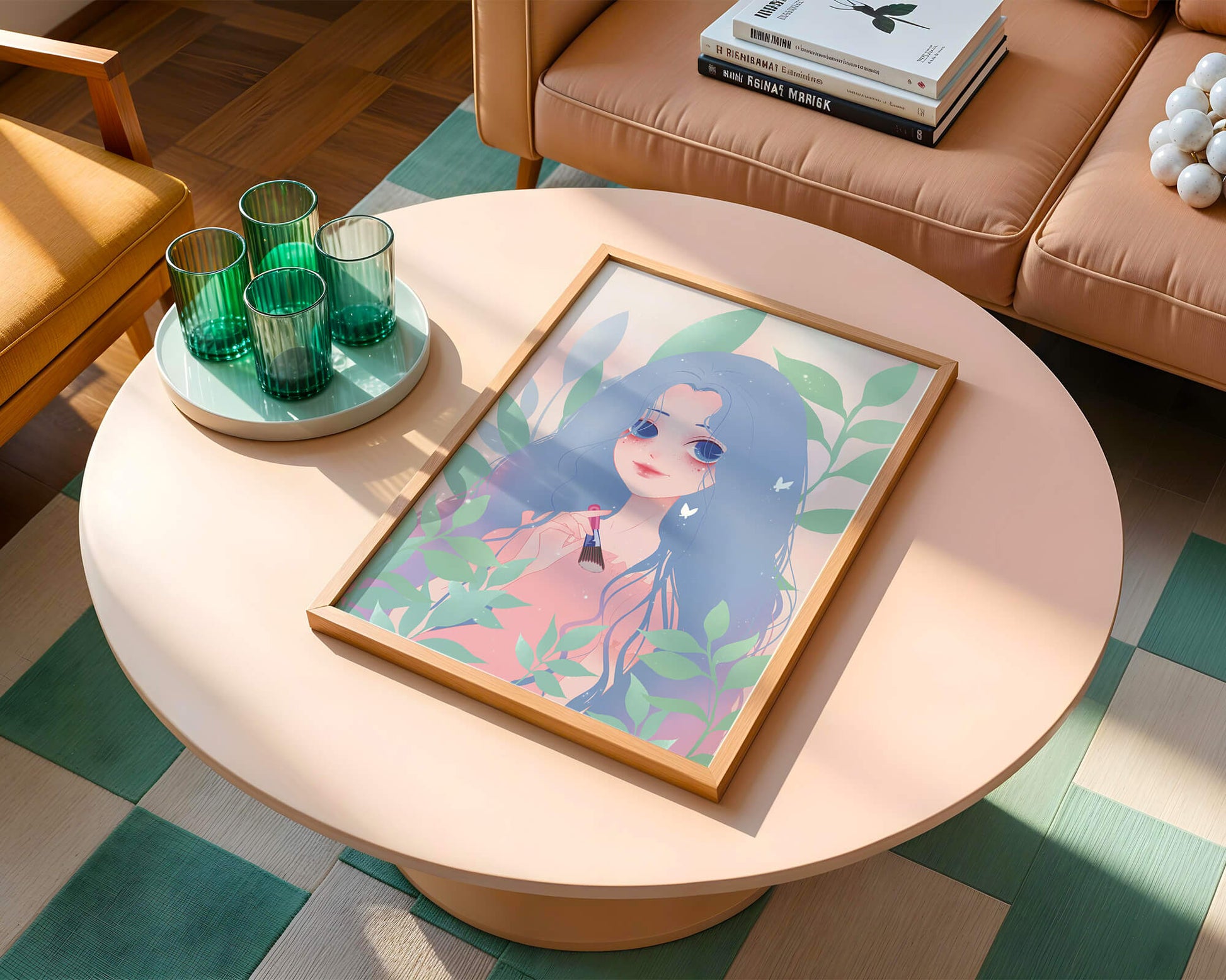 Illustration of a blue-haired girl surrounded by greenery