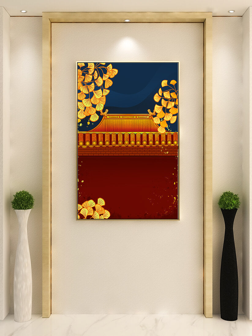 Traditional Asian rooftop with golden foliage on a dark evening sky background