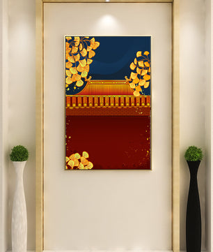 Traditionelles asiatisches Dach mit goldenem Laub auf dunklem Abendhimmel