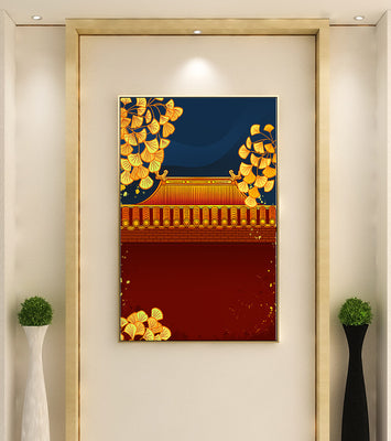 Traditional Asian rooftop with golden foliage on a dark evening sky background