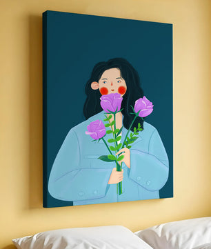 Illustration of a woman with purple flowers on a teal background