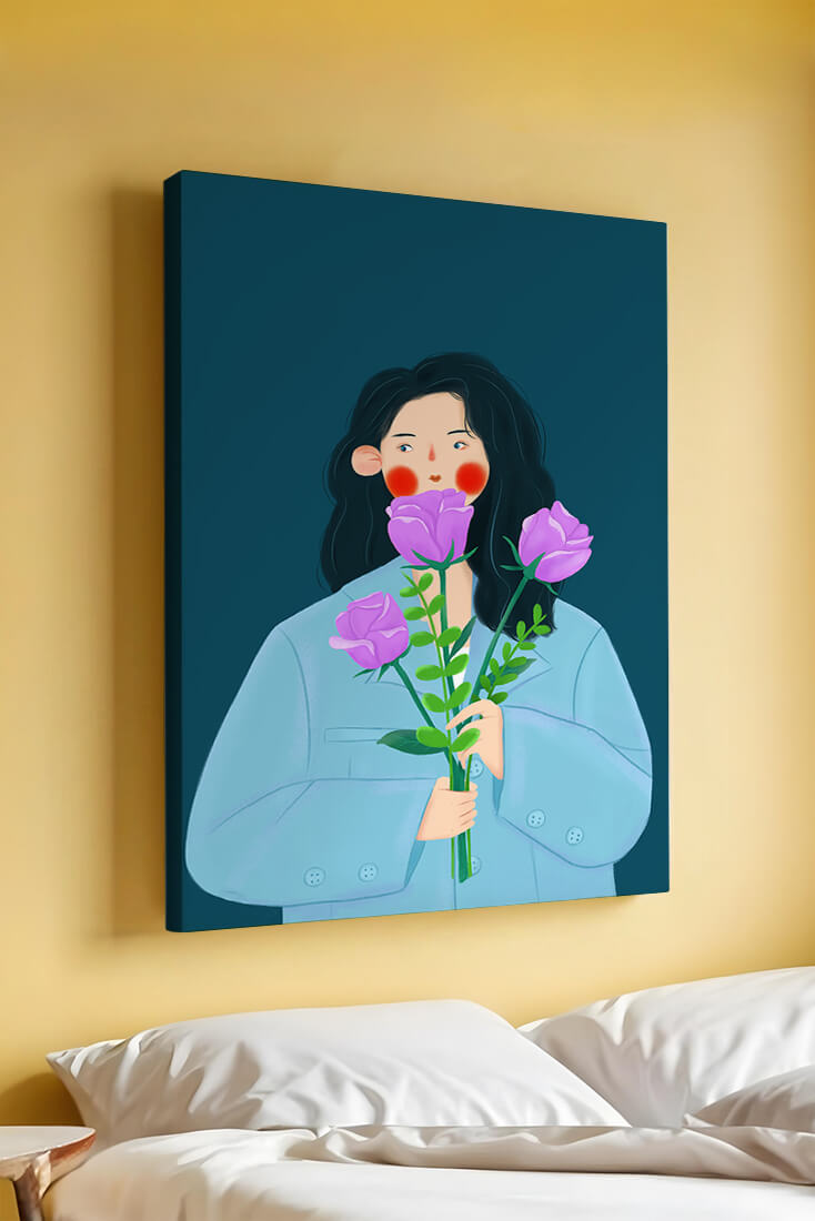 Illustration of a woman with purple flowers on a teal background