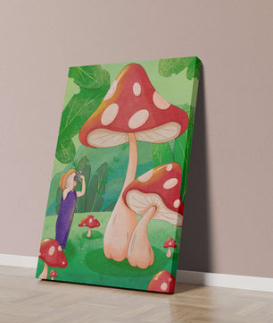 Playful illustration of a child with oversized mushrooms in a whimsical forest setting