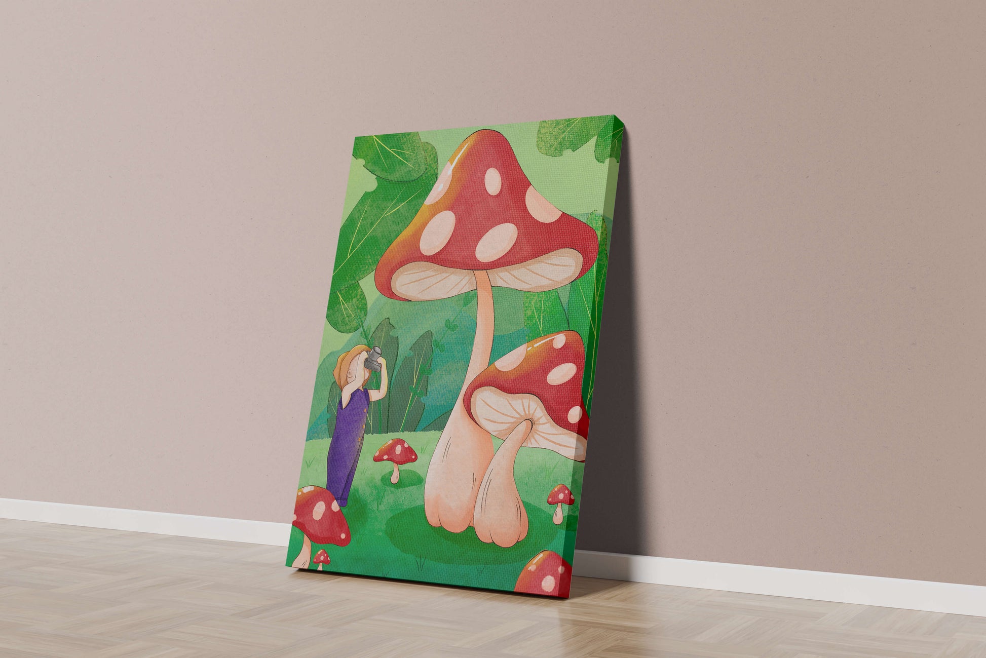 Playful illustration of a child with oversized mushrooms in a whimsical forest setting