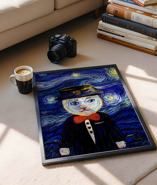 Whimsical cat character against starry night sky background