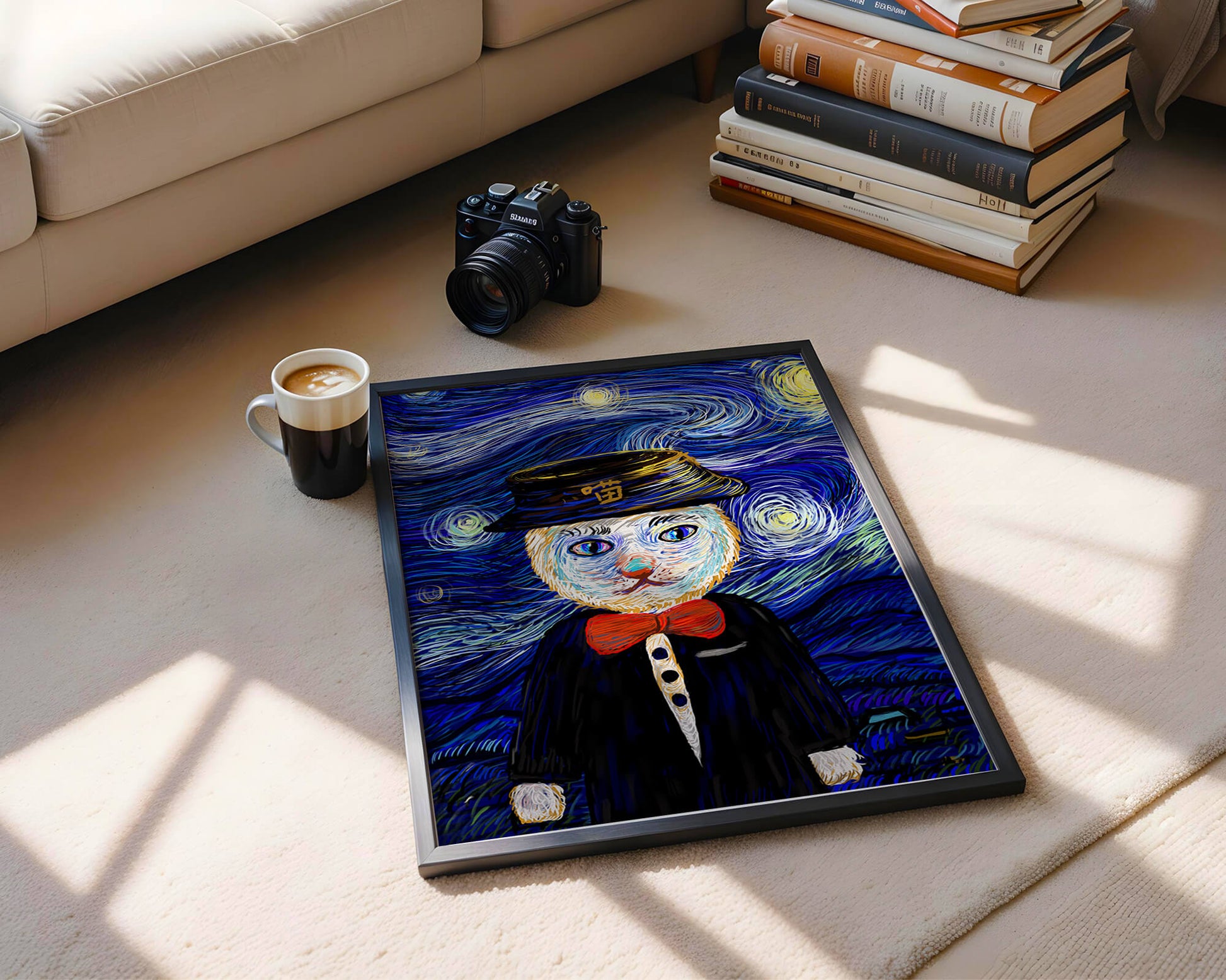 Whimsical cat character against starry night sky background