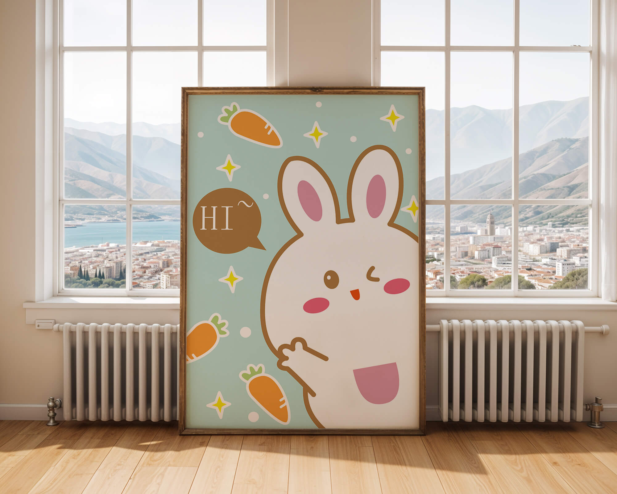 Playful cartoon bunny with carrots and stars on teal background