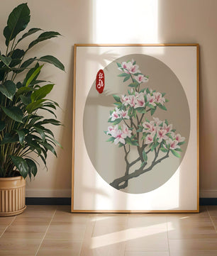 Obra floral delicada con magnolias en flor en estilo oriental