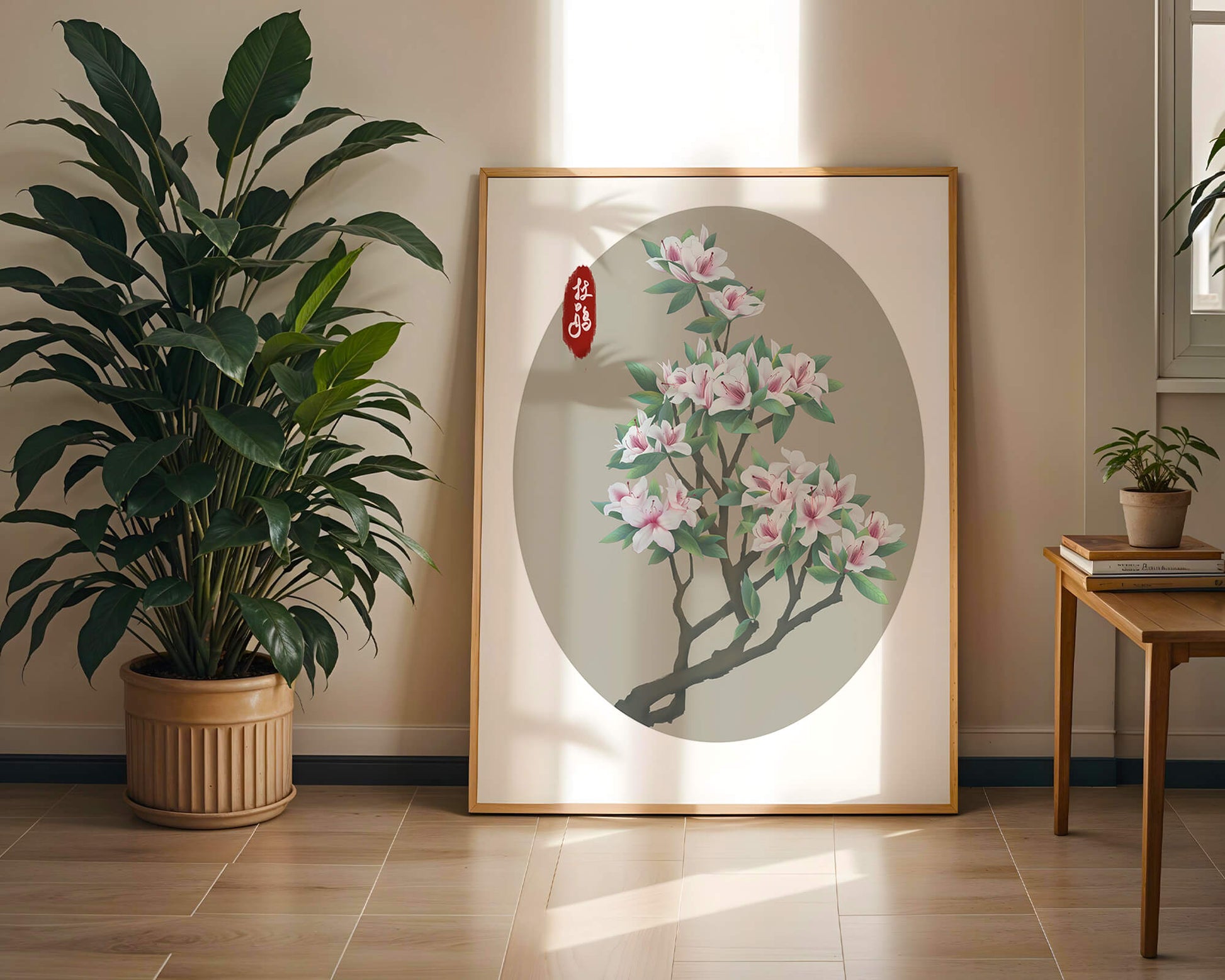 Obra floral delicada con magnolias en flor en estilo oriental